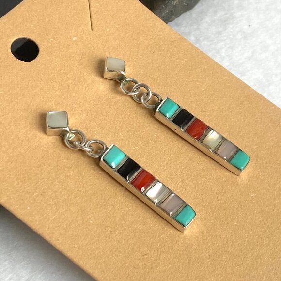 Sterling Silver 925 Multi Gemstone Turquoise Coral MOP Bar Dangle Earrings - Picture 7 of 16